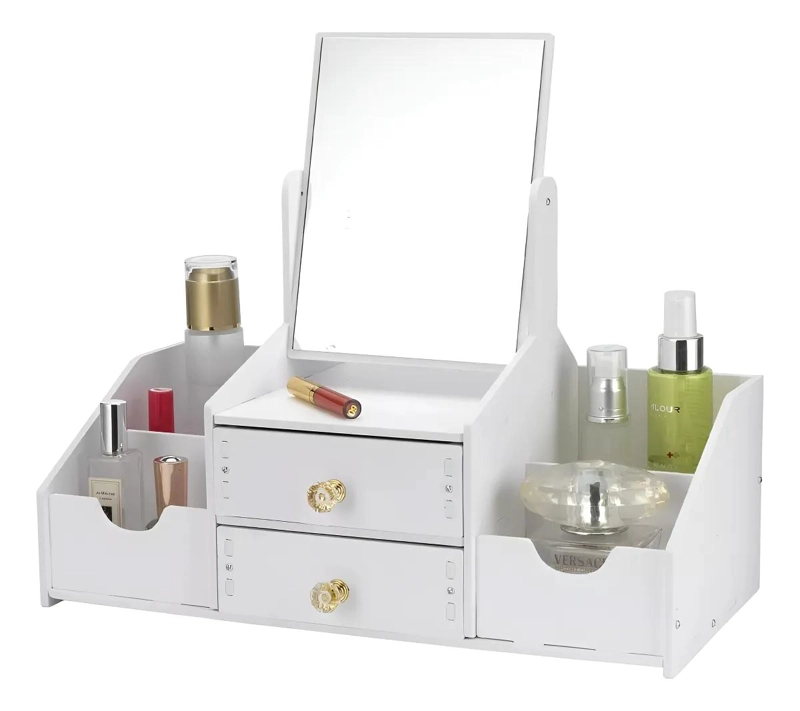 ORGANIZADOR DE MAQUILLAJE CON ESPEJO, 2 CAJONES Y 5 COMPARTIMENTOS - 1
