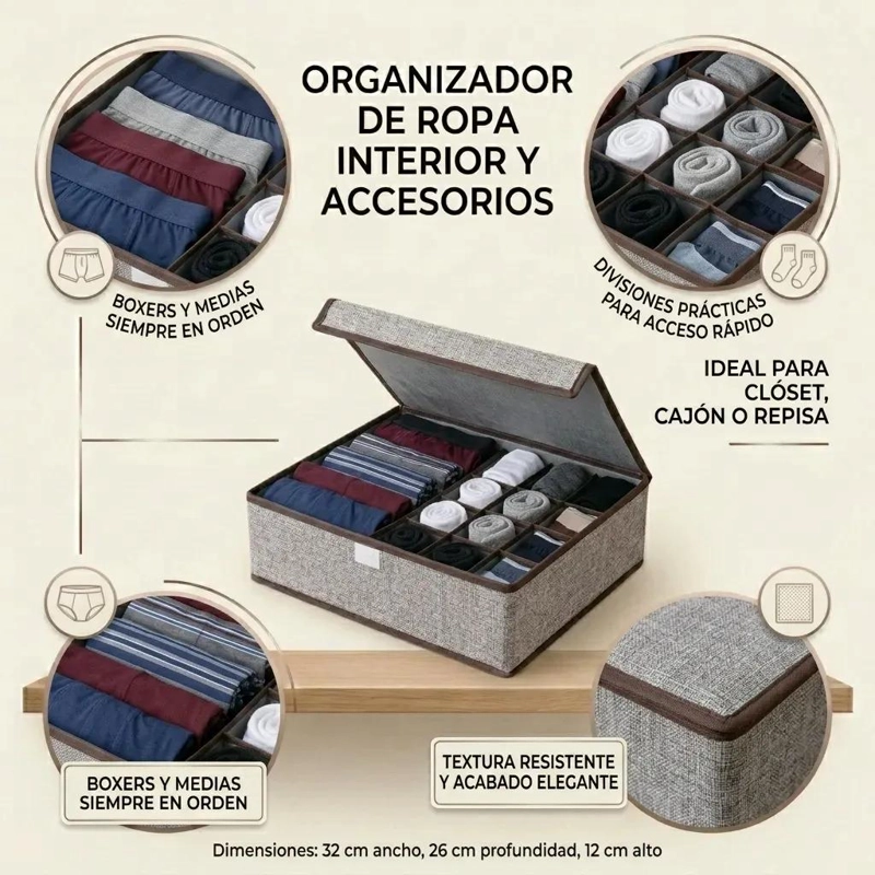 CAJA ORGANIZADORA PARA ROPA INTERIOR Y CALCETINES COLOR GRIS - 3