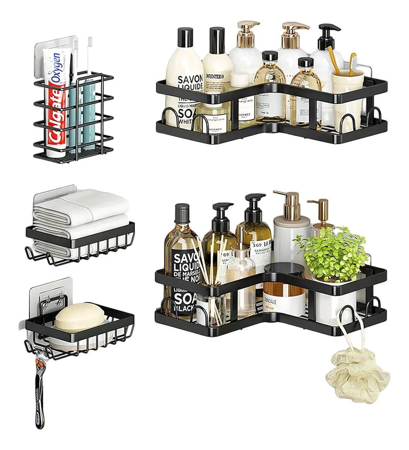 ESTANTE ADHESIVO DE METAL NEGRO CON 5 CESTAS PARA BAÑO RESISTENTE - 1