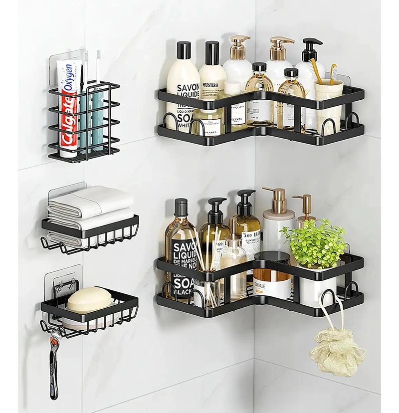 ESTANTE ADHESIVO DE METAL NEGRO CON 5 CESTAS PARA BAÑO RESISTENTE - 3