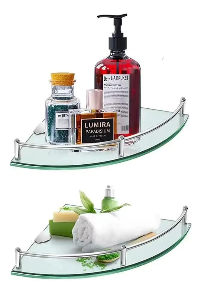 JUEGO DE 2 REPISAS ESQUINERAS DE VIDRIO PARA BAÑO CON 1 PISO - 1