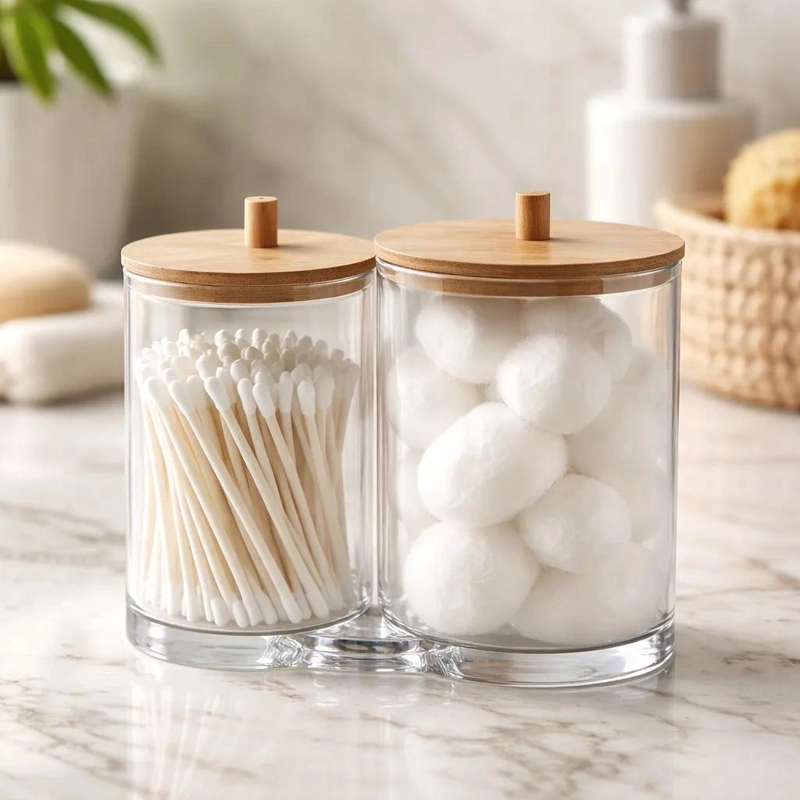 ORGANIZADOR DE BAÑO ACRILICO DOBLE CON TAPA DE BAMBU PARA ALMACENAMIENTO - 1