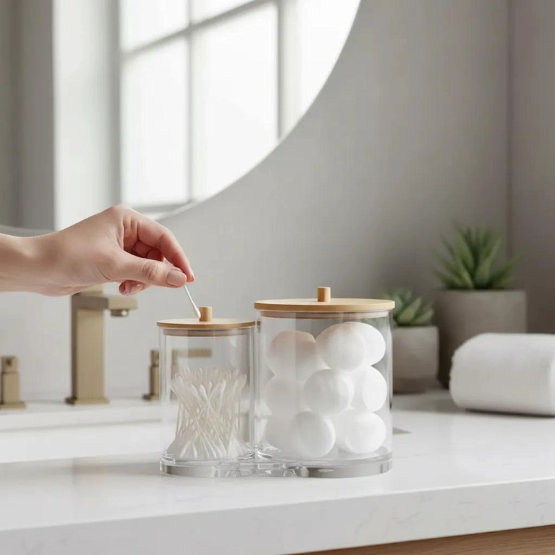 ORGANIZADOR DE BAÑO ACRILICO DOBLE CON TAPA DE BAMBU PARA ALMACENAMIENTO - 3