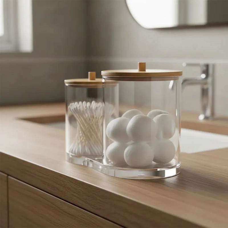 ORGANIZADOR DE BAÑO ACRILICO DOBLE CON TAPA DE BAMBU PARA ALMACENAMIENTO - 4