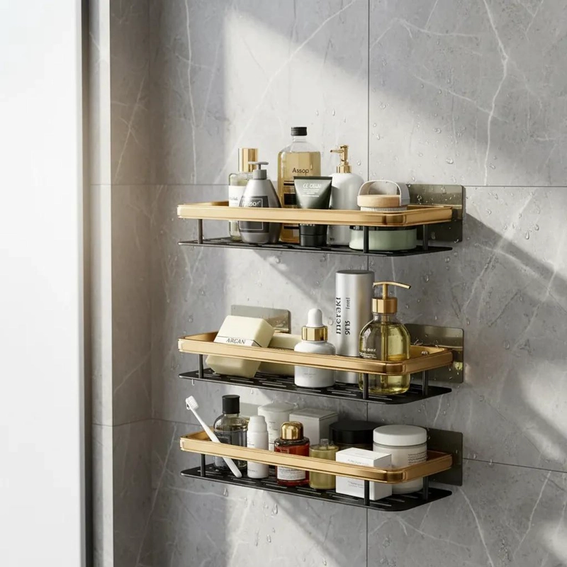 ORGANIZADOR DE DUCHA TRIPLE CON ESTANTE ADHESIVO PARA BAÑO - 1