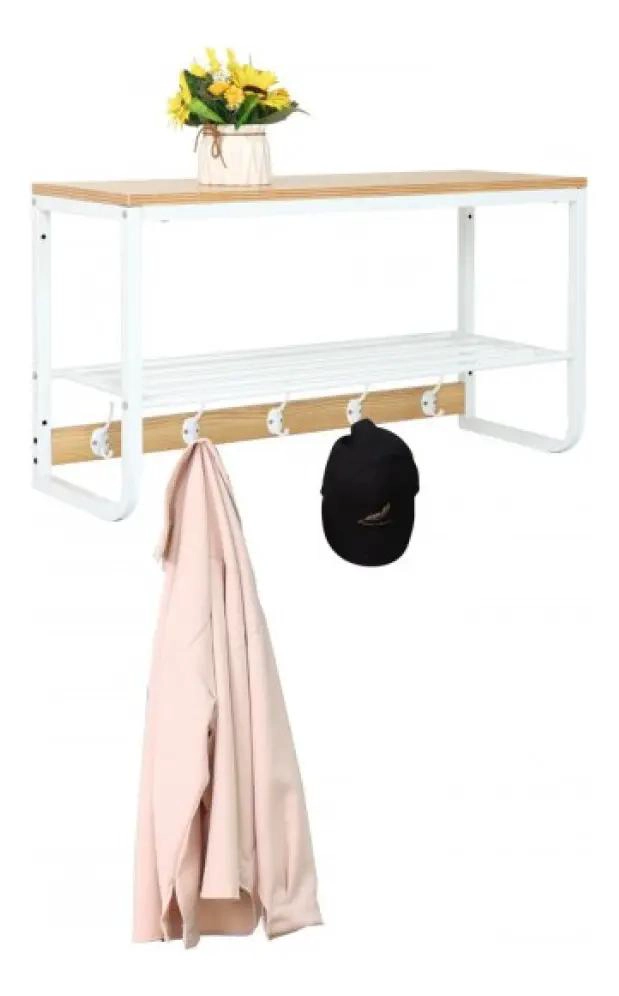 PERCHERO DE PARED CON 5 GANCHOS DE METAL Y MADERA BLANCO DE 70 CM - 3