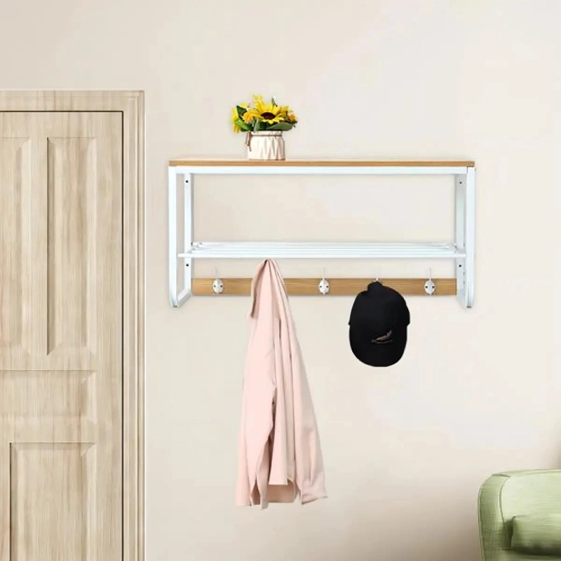 PERCHERO DE PARED CON 5 GANCHOS DE METAL Y MADERA BLANCO DE 70 CM - 5