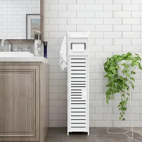 ORGANIZADOR VERTICAL PARA BAÑO CON ESTANTE MULTIUSO Y PUERTA BLANCA - 5