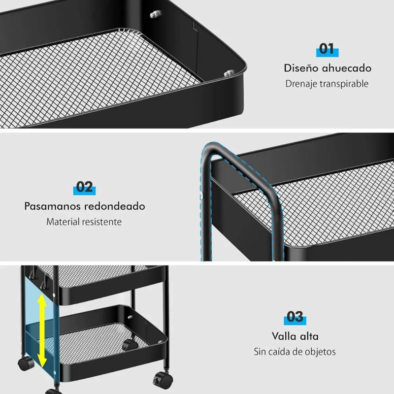 CARRO ORGANIZADOR MULTIUSO DE 3 NIVELES CON RUEDAS PARA ALMACENAMIENTO - 2