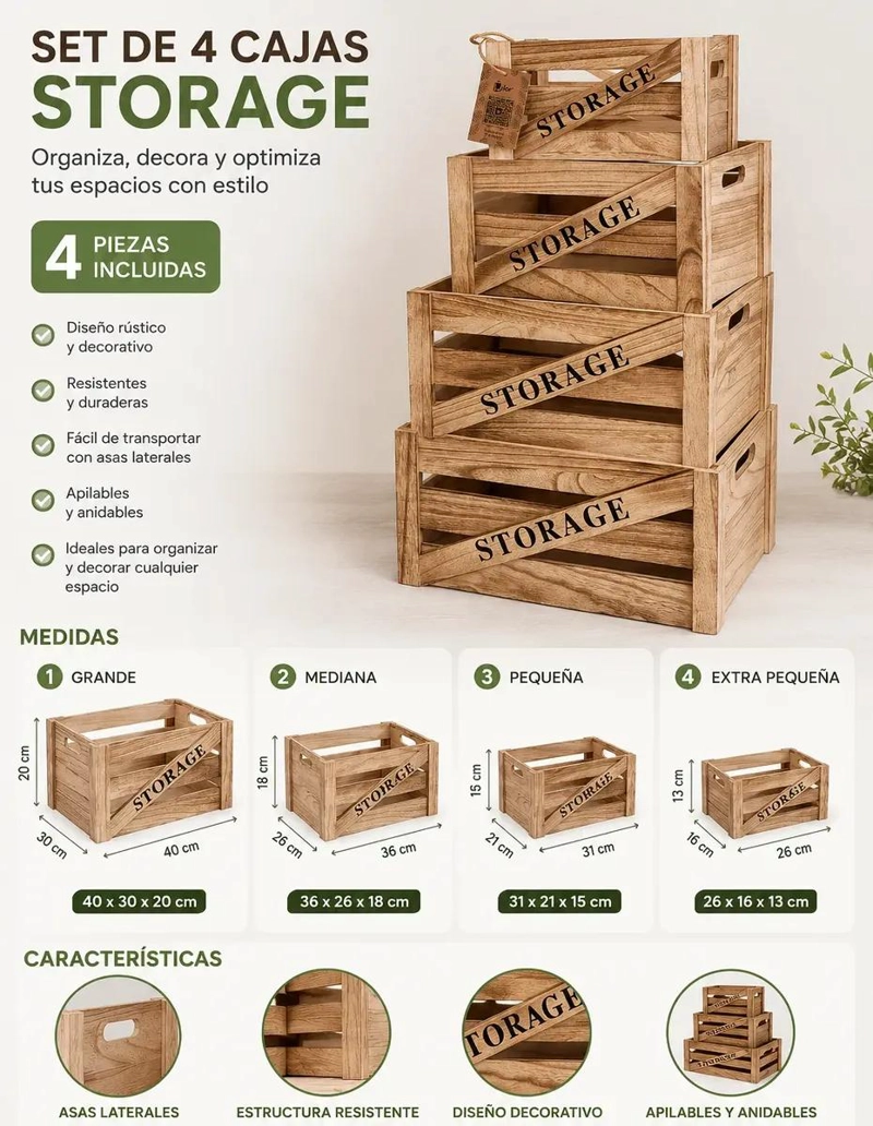 SET DE 4 CANASTOS RUSTICOS DE MADERA PARA ORGANIZACION Y DECORACION - 3