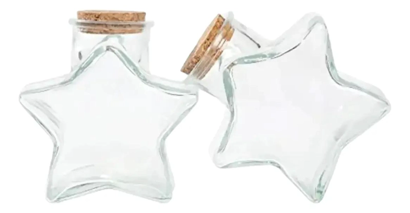 SET DE 6 BOTELLAS DE VIDRIO CON DISEÑO DE ESTRELLA Y TAPON DE CORCHO DE 300CC - 1