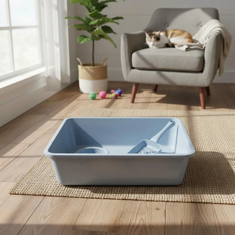 CAJA SANITARIA PARA GATOS CON BANDEJA, PALA Y PLATO PARA ARENA - 4