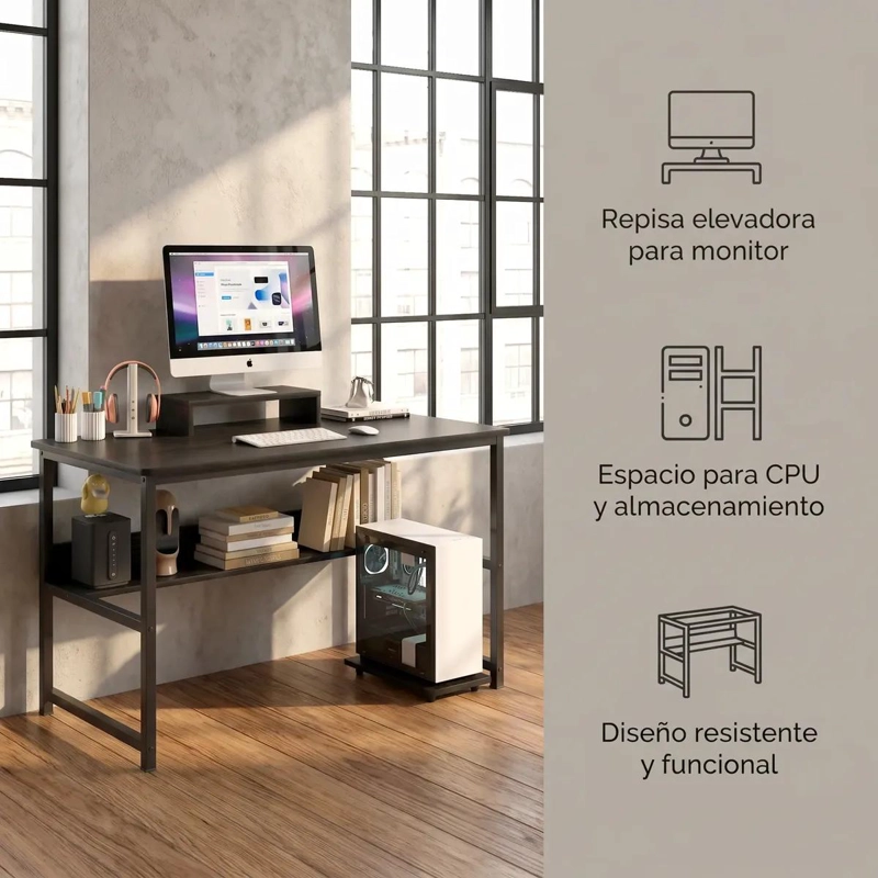ESCRITORIO CON ELEVADOR PARA MONITOR Y ORGANIZADORES 100X50X72 CM - 4