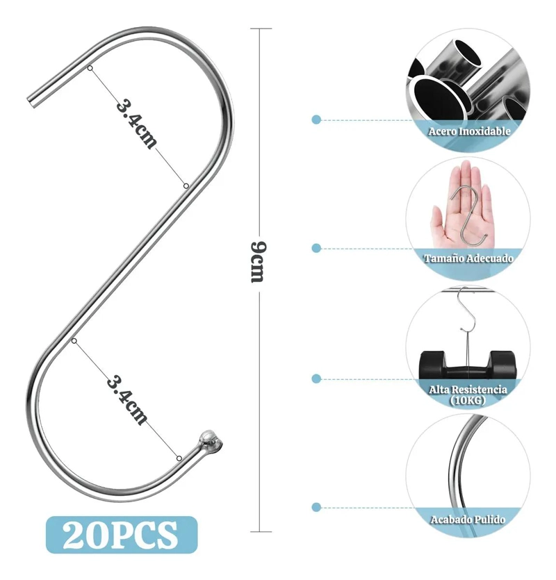 SET DE 20 GANCHOS EN S DE ACERO INOXIDABLE PARA COCINA Y TALLER - 3