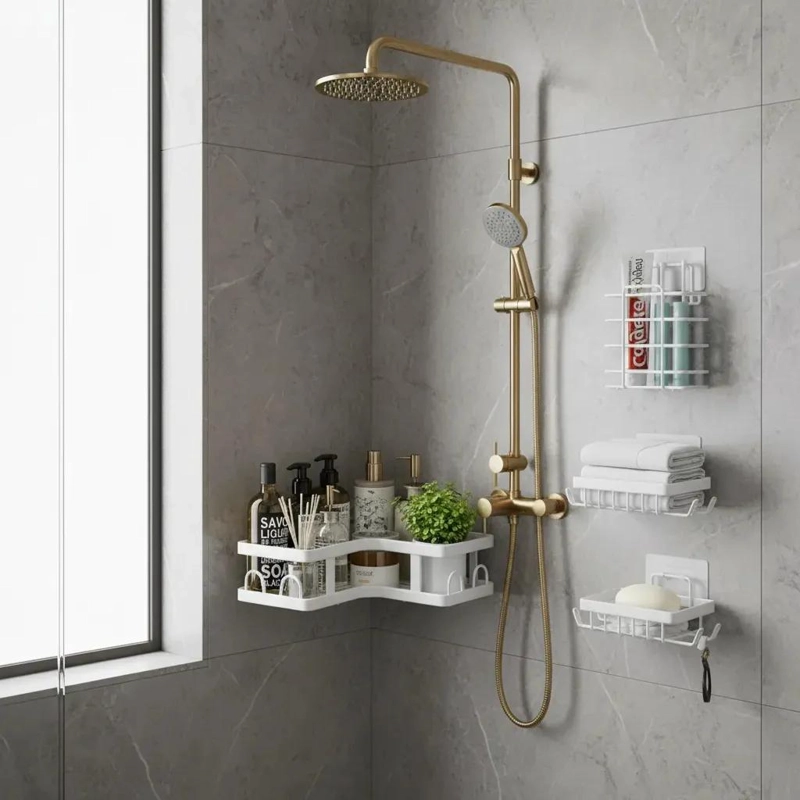 SET DE 5 PIEZAS ESQUINEROS ORGANIZADORES PARA DUCHA Y BAÑO ADHESIVOS NEGROS - 1