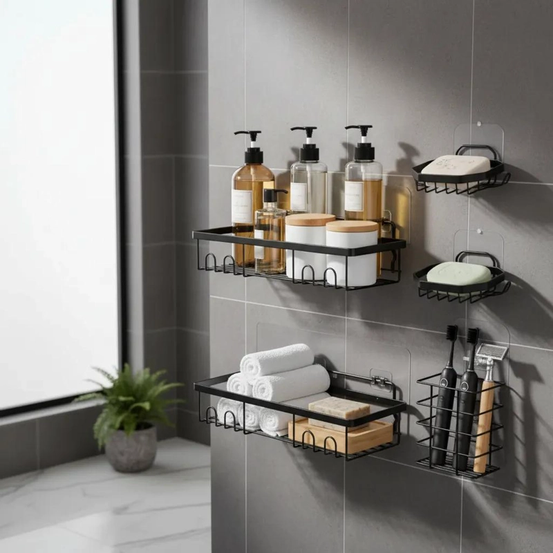 SET DE 5 PIEZAS ESTANTE ORGANIZADOR PARA BAÑO CON ADHESIVOS RESISTENTES - 1