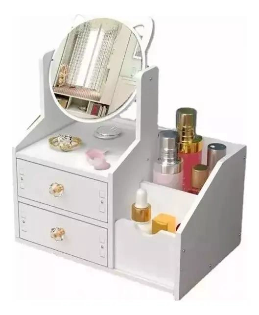 ORGANIZADOR DE MAQUILLAJE CON ESPEJO GIRATORIO 360 GRADOS Y DISEÑO DE OREJAS DE - 1