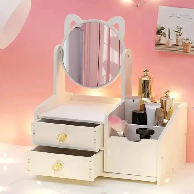 ORGANIZADOR DE MAQUILLAJE CON ESPEJO GIRATORIO 360 GRADOS Y DISEÑO DE OREJAS DE - 2