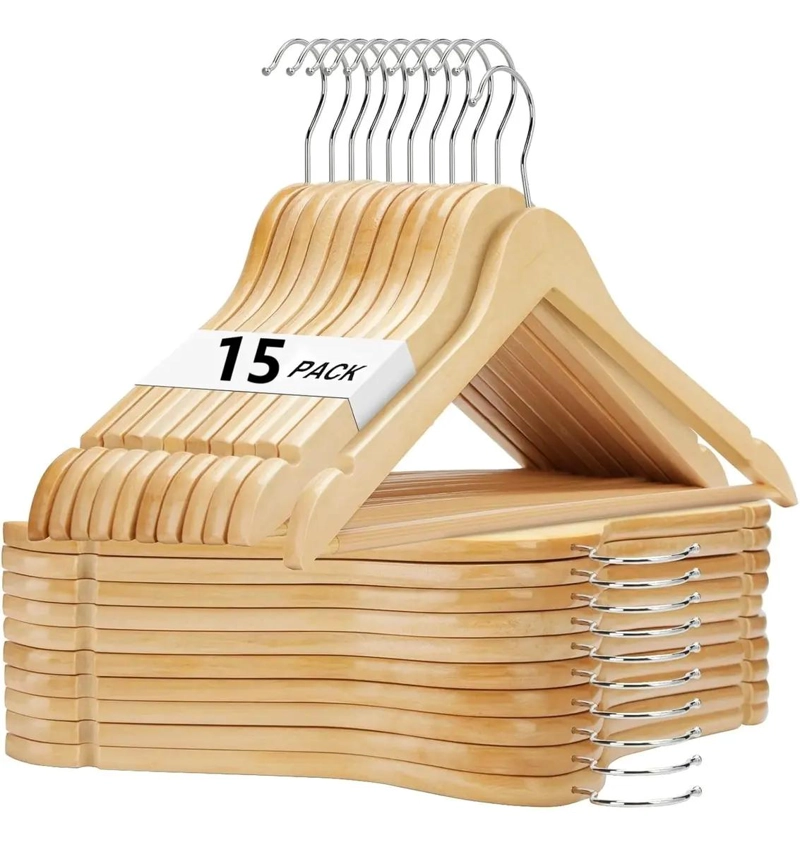 SET DE 15 COLGADORES DE ROPA DE BAMBU ANTIDESLIZANTES PARA ARMARIO - 1