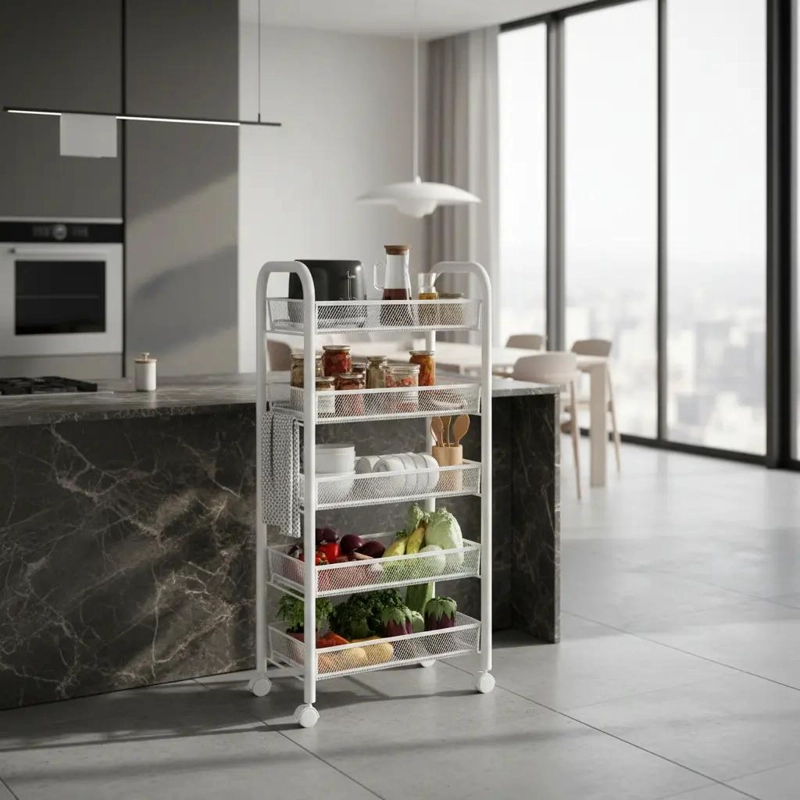 ORGANIZADOR DE COCINA CON 5 ESTANTES Y RUEDAS EN COLOR BLANCO - 1