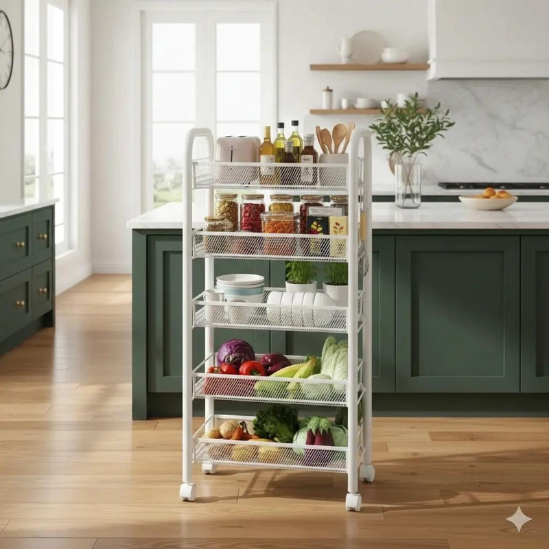 ORGANIZADOR DE COCINA CON 5 ESTANTES Y RUEDAS EN COLOR BLANCO - 3