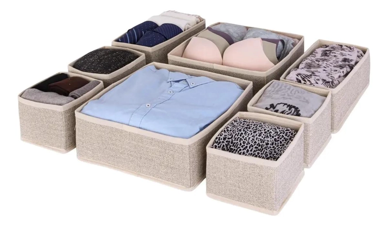 SET DE 8 ORGANIZADORES DE CAJON EN TELA BEIGE 28X11X28 CM - 2
