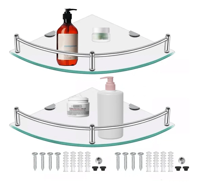 JUEGO DE 2 REPISAS ESQUINERAS DE VIDRIO PARA BAÑO CON UN PISO - 1