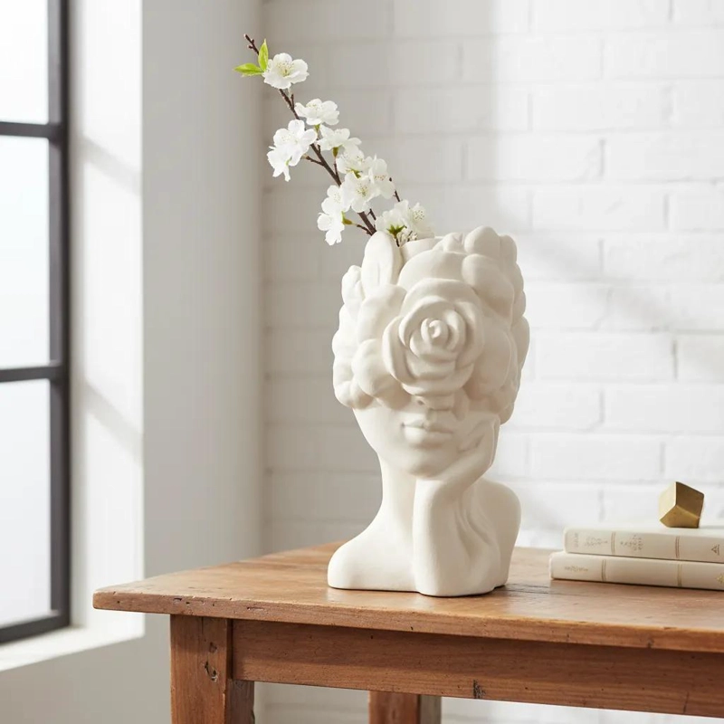 FLORERO DE CERAMICA CON DISEÑO MODERNO DE ROSTRO FEMENINO PARA DECORACION - 1