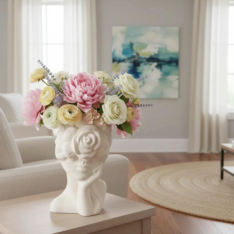 FLORERO DE CERAMICA CON DISEÑO MODERNO DE ROSTRO FEMENINO PARA DECORACION - 5