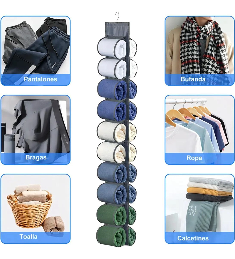ORGANIZADOR COLGANTE DE NAILON PLEGABLE PARA ROPA CON MULTIPLES COMPARTIMENTOS - 2
