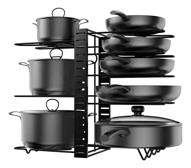 ORGANIZADOR DE OLLAS DE ACERO NEGRO PARA COCINA MULTIUSO Y ESTANTE - 1