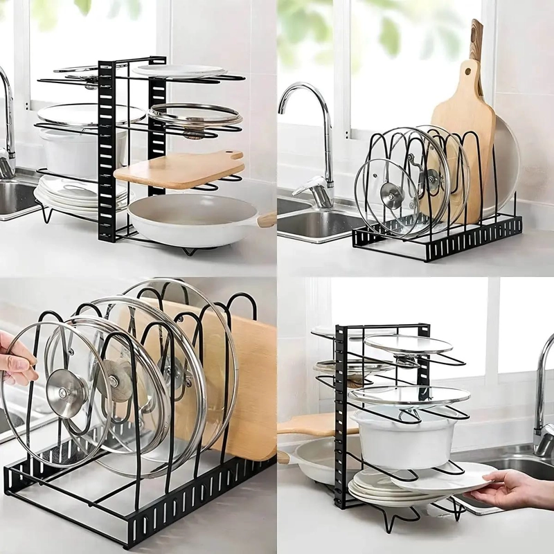 ORGANIZADOR DE OLLAS DE ACERO NEGRO PARA COCINA MULTIUSO Y ESTANTE - 2