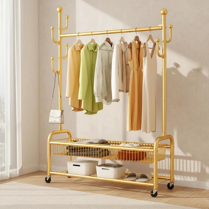 ORGANIZADOR DE ROPA METALICO CON ESTANTES Y RUEDAS DE DOS NIVELES - 1