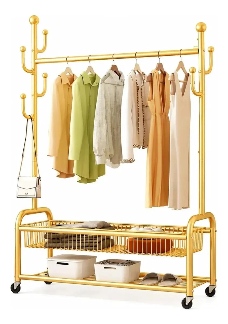 ORGANIZADOR DE ROPA METALICO CON ESTANTES Y RUEDAS DE DOS NIVELES - 2