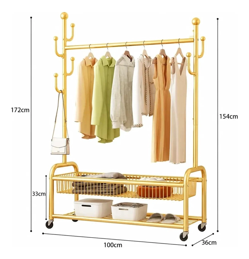 ORGANIZADOR DE ROPA METALICO CON ESTANTES Y RUEDAS DE DOS NIVELES - 3