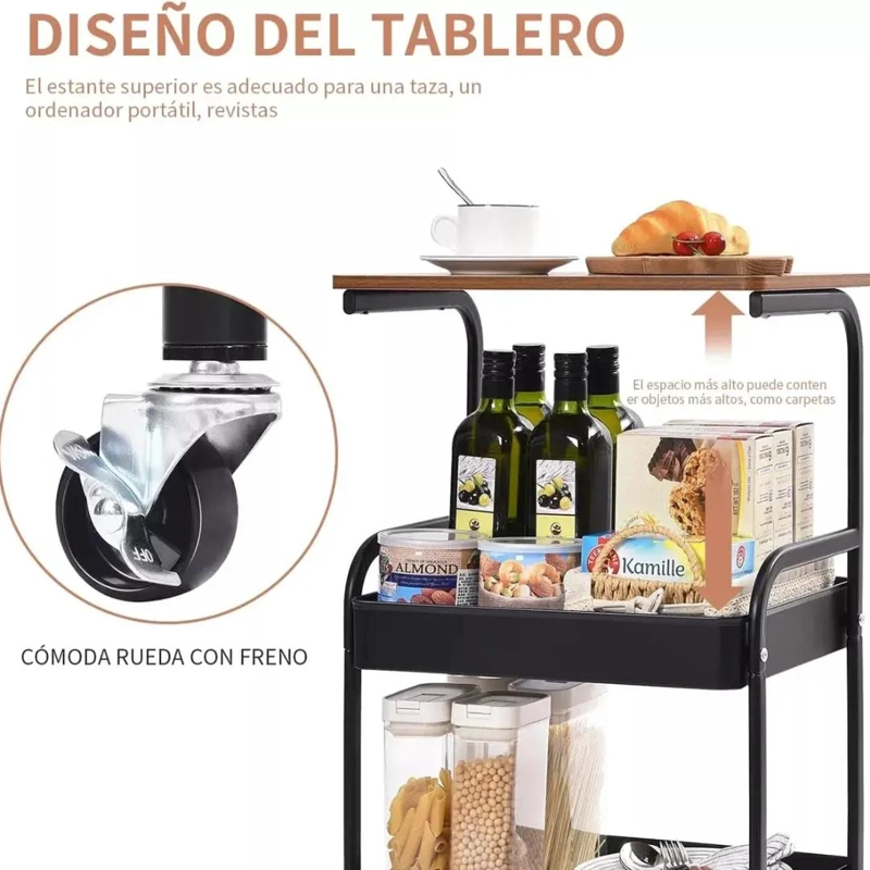 CARRITO ORGANIZADOR MULTIUSO DE 3 NIVELES CON RUEDAS Y MESA INTEGRADA - 5