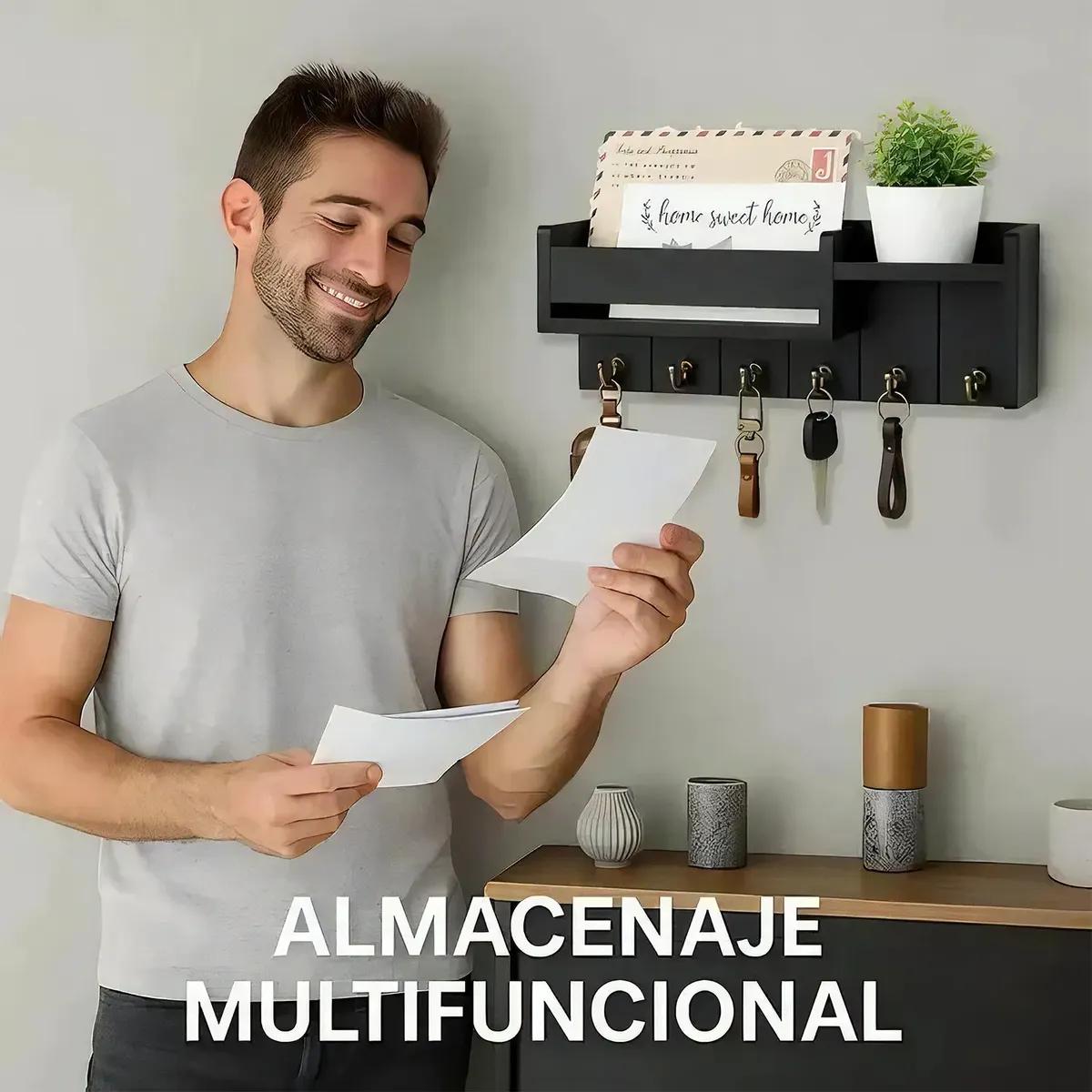 ORGANIZADOR DE PARED MODERNO CON REPISA Y PERCHERO PARA LLAVES - 4