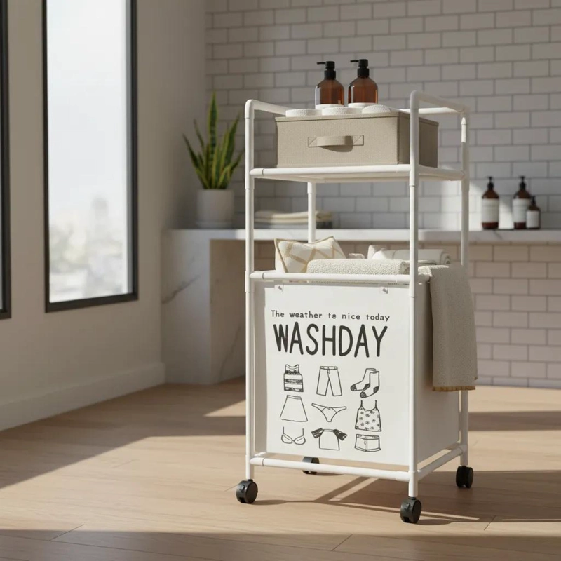 ORGANIZADOR RACK MULTIFUNCIONAL CON CANASTO PARA ROPA SUCIA Y ALMACENAMIENTO - 2
