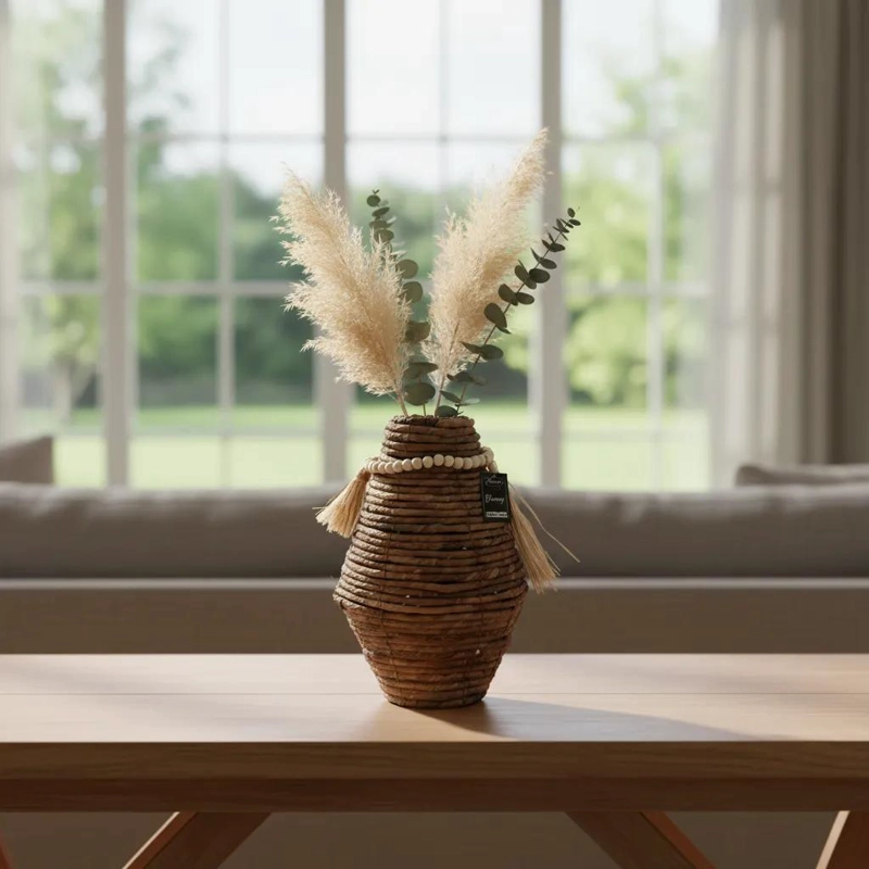 FLORERO DECORATIVO TEJIDO EN YUTE DE 35 CM PARA INTERIORES - 1
