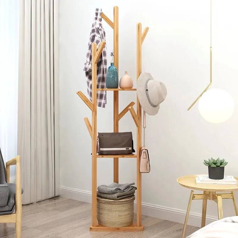 PERCHERO DE PIE DE BAMBU CON REPISAS Y COLGADOR ORGANIZADOR PARA ROPA - 1