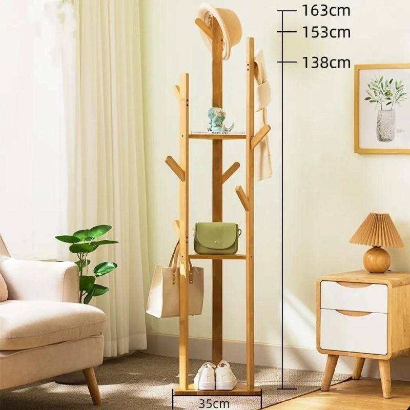 PERCHERO DE PIE DE BAMBU CON REPISAS Y COLGADOR ORGANIZADOR PARA ROPA - 2