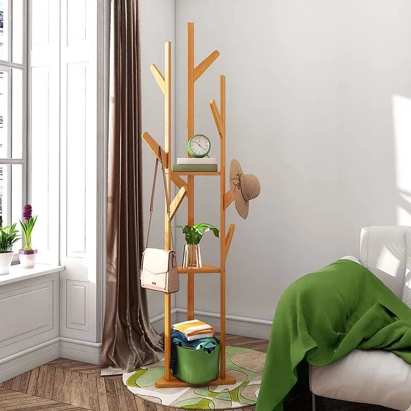 PERCHERO DE PIE DE BAMBU CON REPISAS Y COLGADOR ORGANIZADOR PARA ROPA - 4