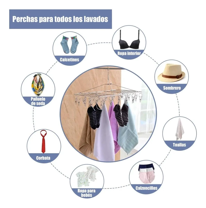 COLGADOR DE ACERO PARA ROPA INTERIOR CON 50 CLIPS RESISTENTES - 4