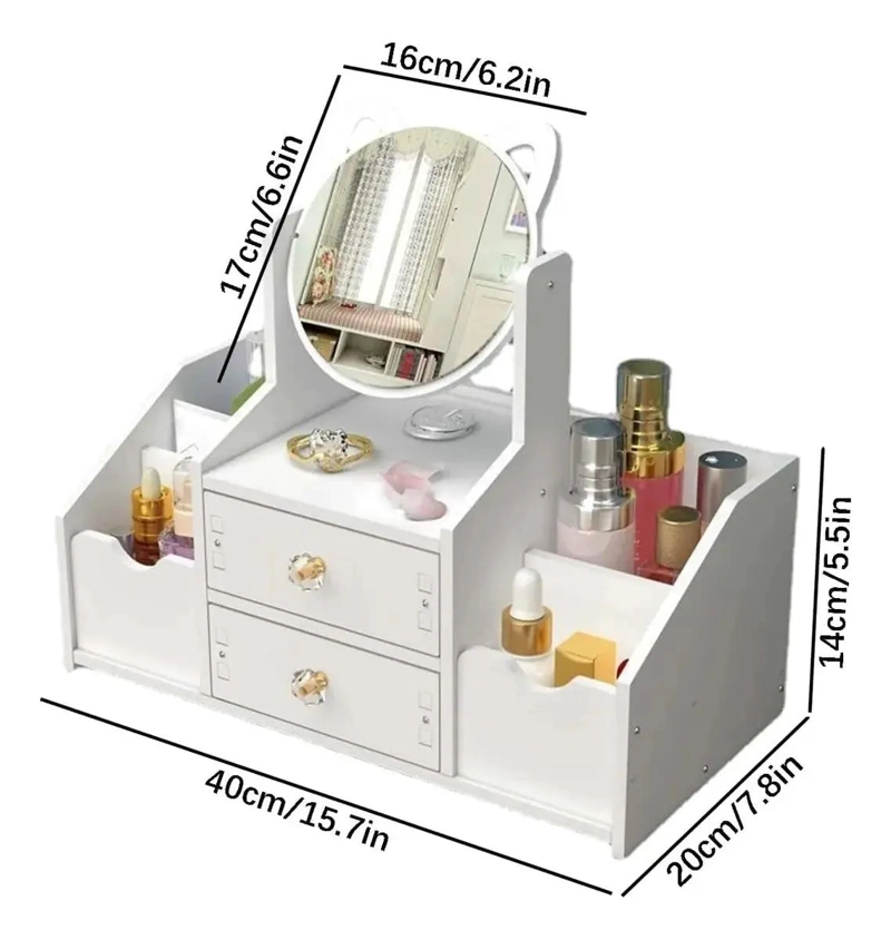 ORGANIZADOR MULTIUSO PARA MAQUILLAJE CON ESPEJO Y DISEÑO DE GATO - 2