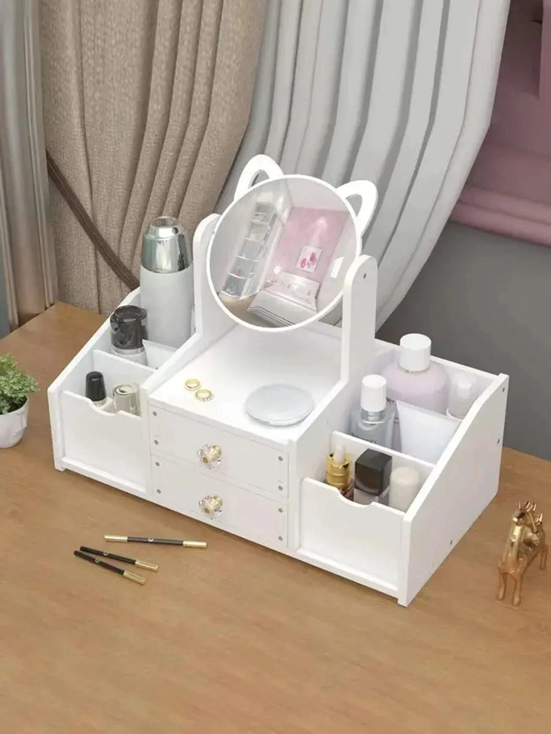 ORGANIZADOR MULTIUSO PARA MAQUILLAJE CON ESPEJO Y DISEÑO DE GATO - 3