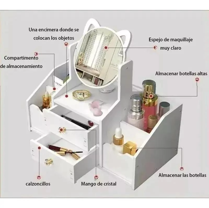 ORGANIZADOR MULTIUSO PARA MAQUILLAJE CON ESPEJO Y DISEÑO DE GATO - 4