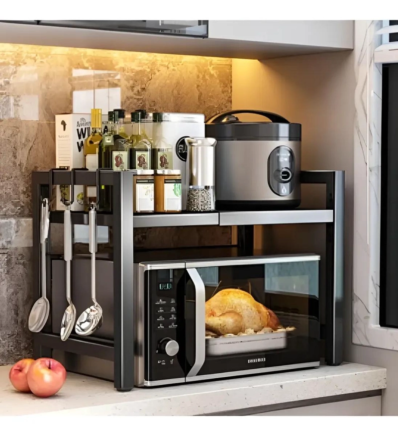ESTANTE EXTENSIBLE PARA HORNO MICROONDAS CON GANCHOS ORGANIZADORES - 1