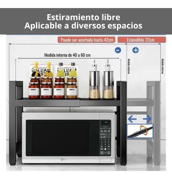 ESTANTE EXTENSIBLE PARA HORNO MICROONDAS CON GANCHOS ORGANIZADORES - 4