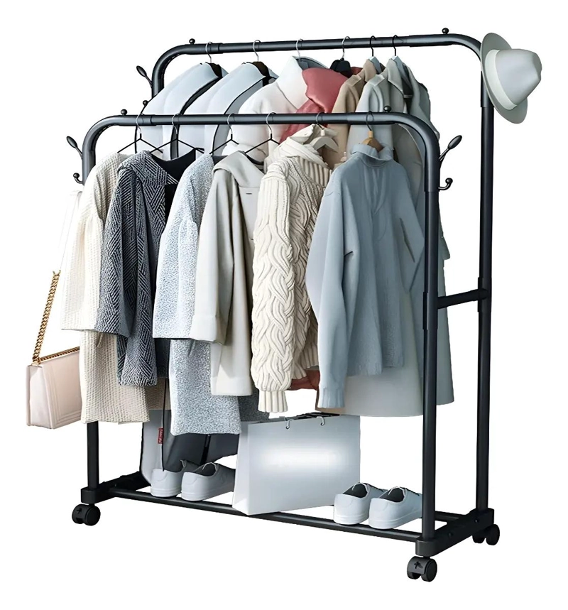RACK PERCHERO RODANTE DE DOS NIVELES COLOR NEGRO PARA ORGANIZACION - 1