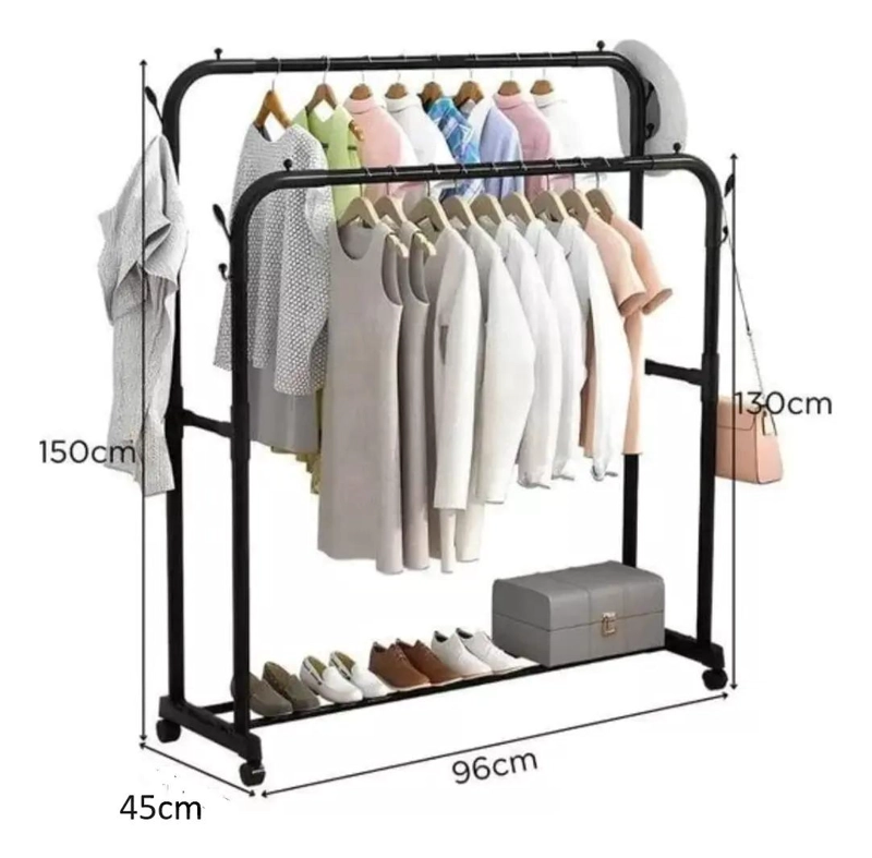 RACK PERCHERO RODANTE DE DOS NIVELES COLOR NEGRO PARA ORGANIZACION - 2